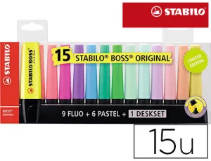 15 Stabilo Boss 9 Fluo + 6 Pastel+1 Deskset