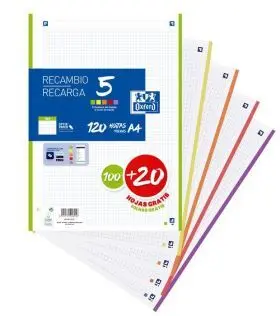 Recambio Oxford 4Mm A4 100+20H 5 Colores